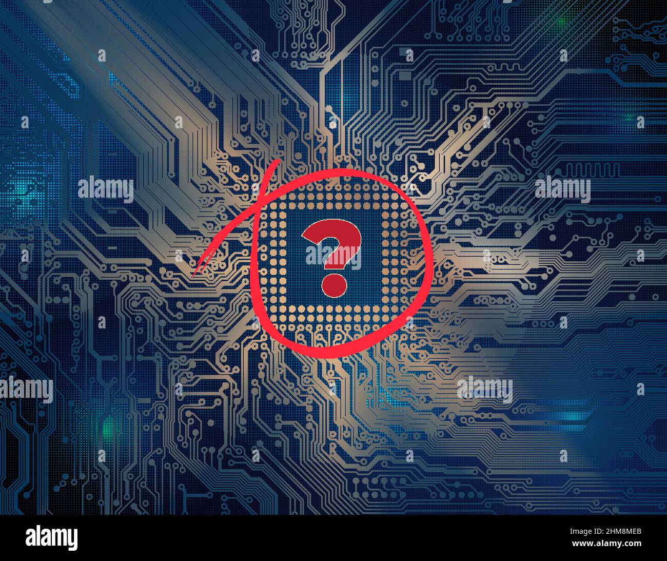 Concetto di carenza di chip. Carenza globale di processori a semiconduttori. Deficit chip. Background astratto della tecnologia, microchip. Scheda a circuito stampato Illustrazione Vettoriale