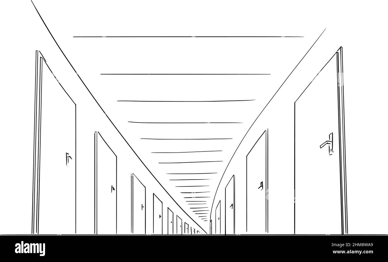 Vettore Cartoon Illustrazione di corridoio senza fine con porta Illustrazione Vettoriale