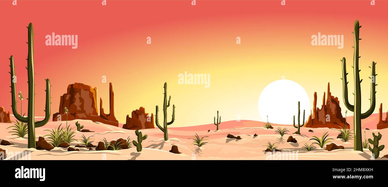 Deserto sabbioso con cactus. Montagne e pietre. Tramonto nel deserto. Silhouette di pietre, cactus e piante. Illustrazione Vettoriale