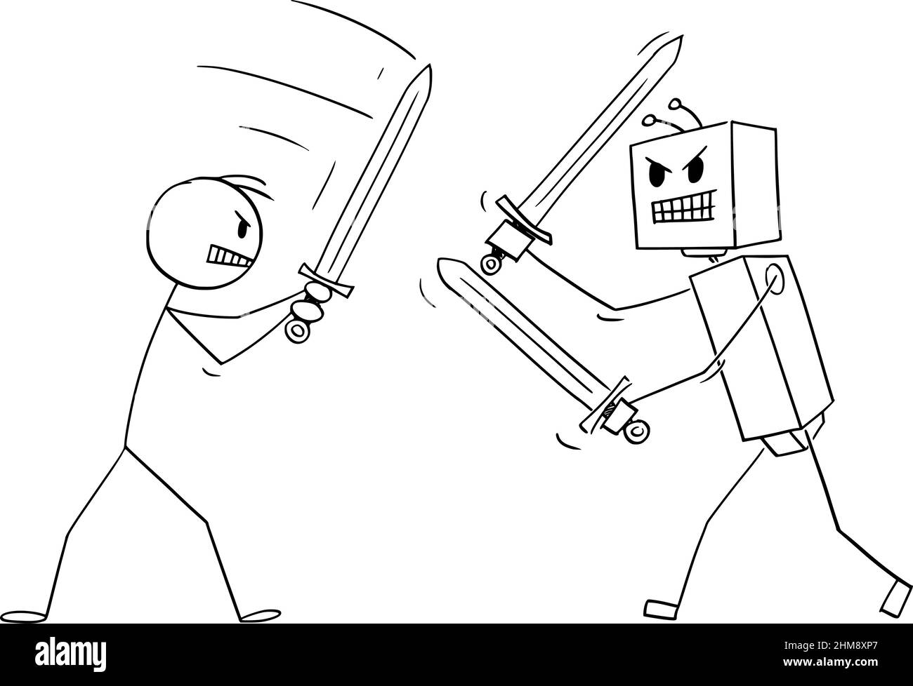 Persona umana Sword Fighting with Robot , Vector Cartoon Stick Illustrazione Illustrazione Vettoriale