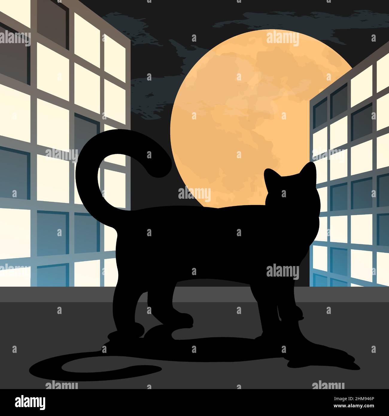 silhouette di gatto urbano seduta sul davanzale di alto edificio sullo sfondo di grande luna piena. Vita notturna degli animali urbani. Vec. Minimalistica Illustrazione Vettoriale