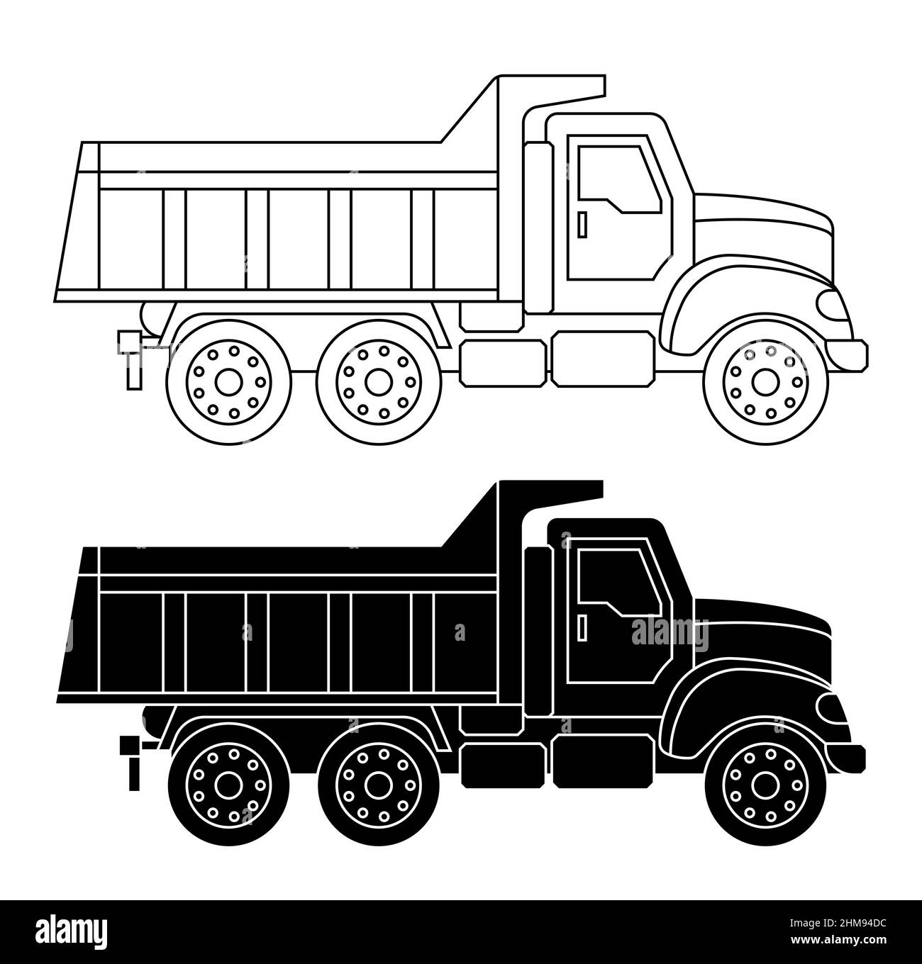 Disegno lineare per bambini per libro da colorare. Autocarro per attrezzature da costruzione pesanti, veicolo per raccolta rifiuti in linea. Macchinari e attrezzature industriali. V isolato Illustrazione Vettoriale