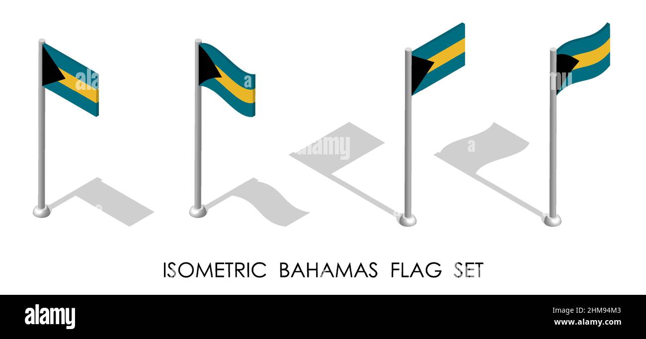 Bandiera isometrica DELLE BAHAMAS in posizione statica e in movimento sul flagpole. 3d vettore Illustrazione Vettoriale