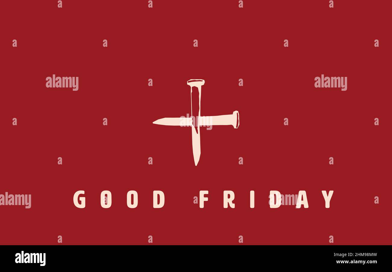 Due punte che formano una croce che simboleggia la sofferenza e la crocifissione di Gesù Cristo, su sfondo rosso con il Venerdì Santo Illustrazione Vettoriale