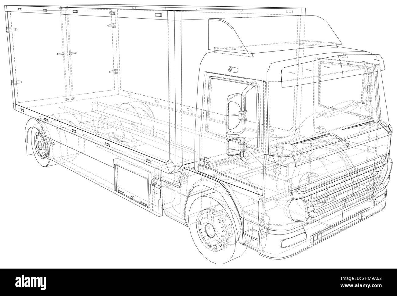 Trasporto in furgone commerciale. Contorno vettoriale wire-frame isolato su sfondo bianco Illustrazione Vettoriale