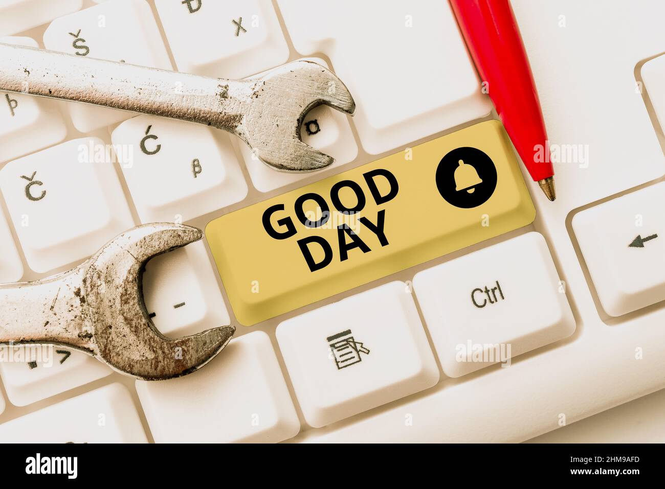 Visualizzazione concettuale Buon giorno. Business Concept godersi il momento con il bel tempo avere un sacco di divertimento connettersi con gli amici online, facendo Foto Stock