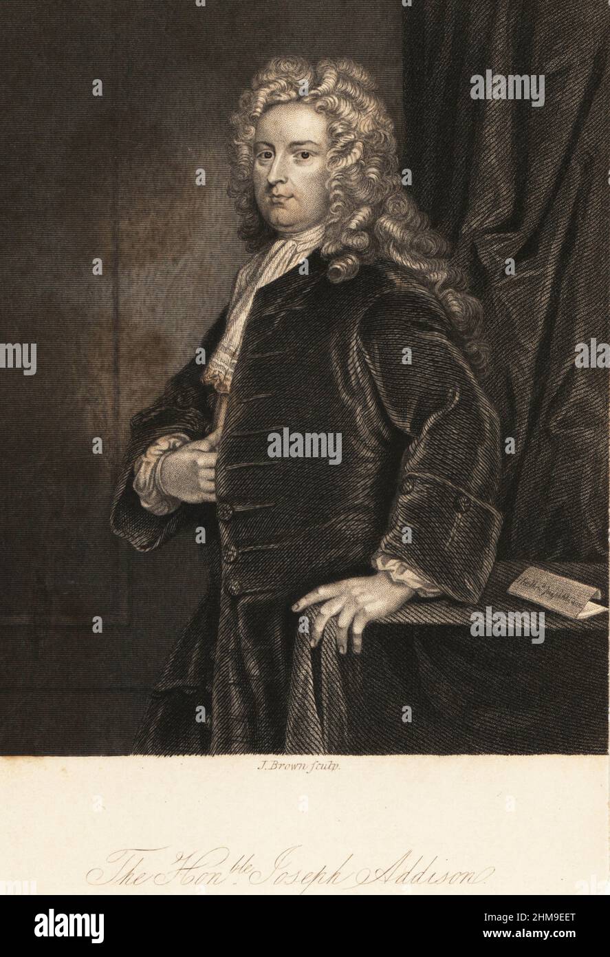 Ritratto dell'onorevole Joseph Addison, 1672-1719, saggio inglese, poeta, drammaturgo e politico. Incisione in acciaio di J. Brown dopo un ritratto di Sir Godfrey Kneller dalla vita di Joseph Addison di Lucy Aikin, Londra, 1843. Foto Stock