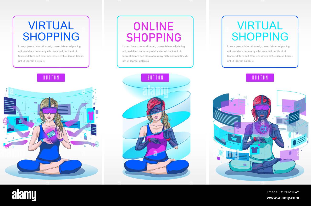 Virtual Shopping Flat Illustrazione Metaverse Virtual Reality Concept, colore blu navy, giallo, verde stile minimal, può essere utilizzato per landing page, web, Illustrazione Vettoriale