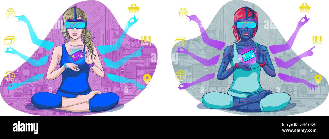 Metaverse Concept, Donna che indossa occhiali Natural Reality Headset collegati allo spazio virtuale e Universe Vector Illustration Illustrazione Vettoriale