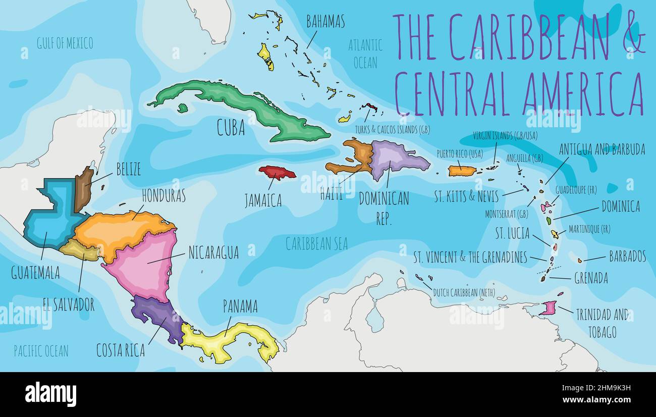Illustrazione vettoriale della carta dei Caraibi politici e dell'America centrale con colori diversi per ciascun paese. Livelli modificabili e chiaramente etichettati. Illustrazione Vettoriale