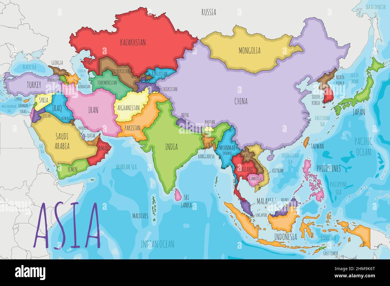Illustrazione vettoriale della carta Asia politica con colori diversi per ciascun paese. Livelli modificabili e chiaramente etichettati. Illustrazione Vettoriale