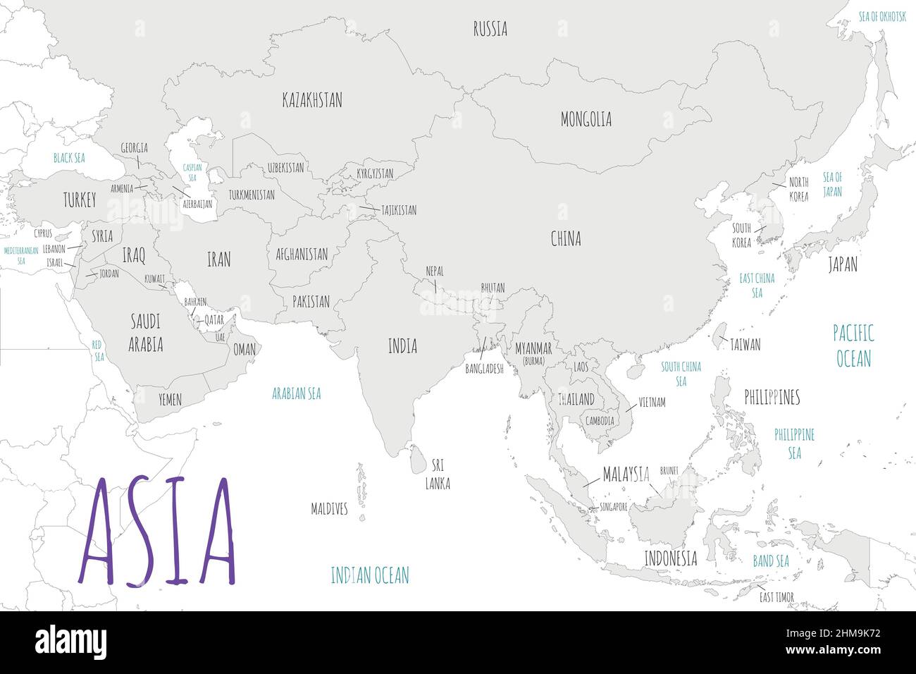 Illustrazione vettoriale della carta Asia politica isolata su sfondo bianco. Livelli modificabili e chiaramente etichettati. Illustrazione Vettoriale