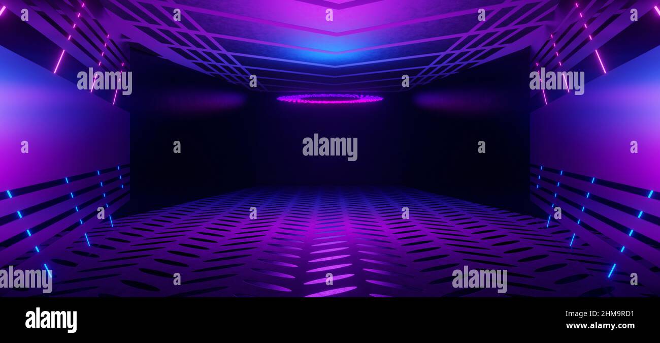 Sfondo di una stanza vuota con faretti e luci, sfondo astratto con bagliore al neon 3D Illustrazione Foto Stock