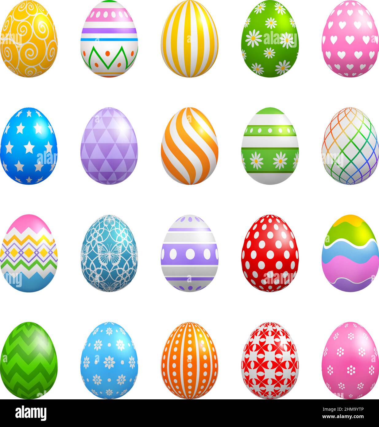 Set di uova di pasqua colorate con colori e decorazioni differenti Illustrazione Vettoriale