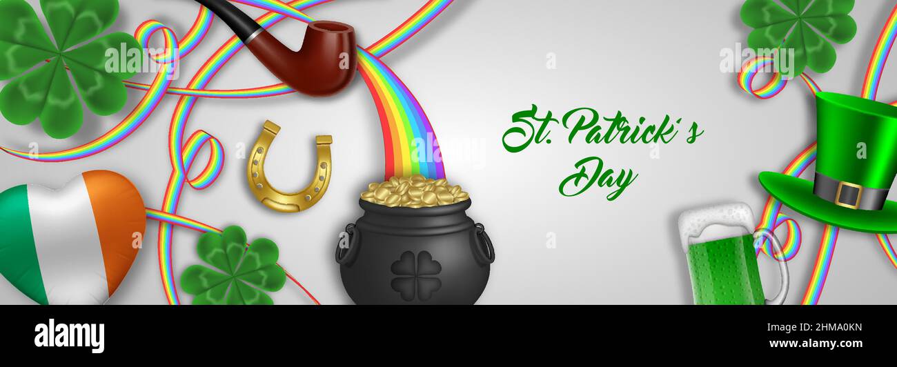 Banner del giorno di San patrizio con elementi e simboli irlandesi Illustrazione Vettoriale