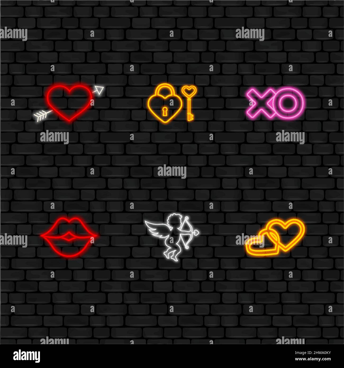 set di elementi in neon per il giorno di san valentino sullo sfondo nero della parete. Illustrazione Vettoriale
