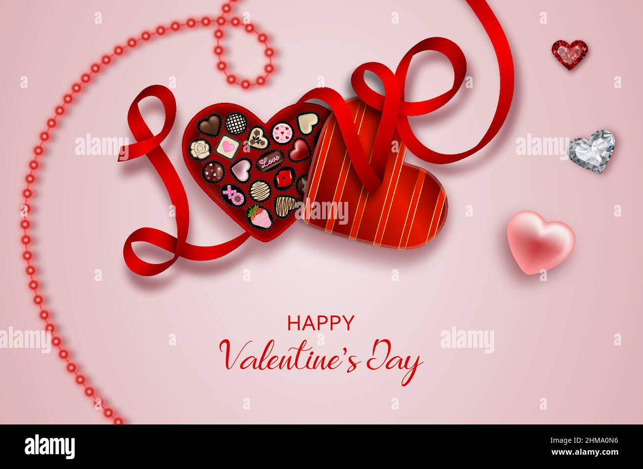 Sfondo di San Valentino con scatola di cioccolatini, nastro rosso e cuori Illustrazione Vettoriale