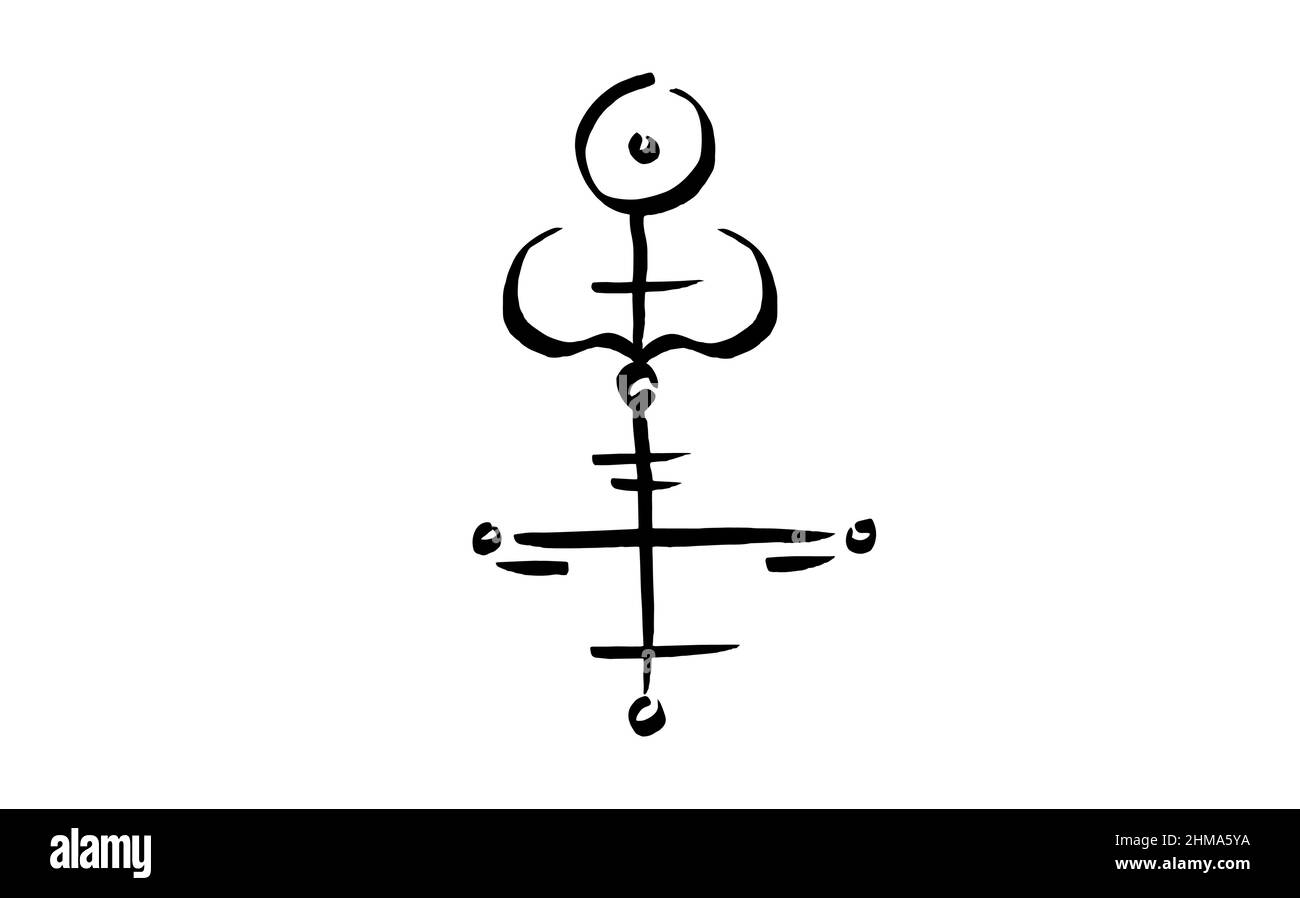 simbolo alchemico, segno sacro, antica croce mistica, tatuaggio nero disegnato a mano con pennello, illustrazione vettoriale dell'incisione pagana isolata su bianco Illustrazione Vettoriale