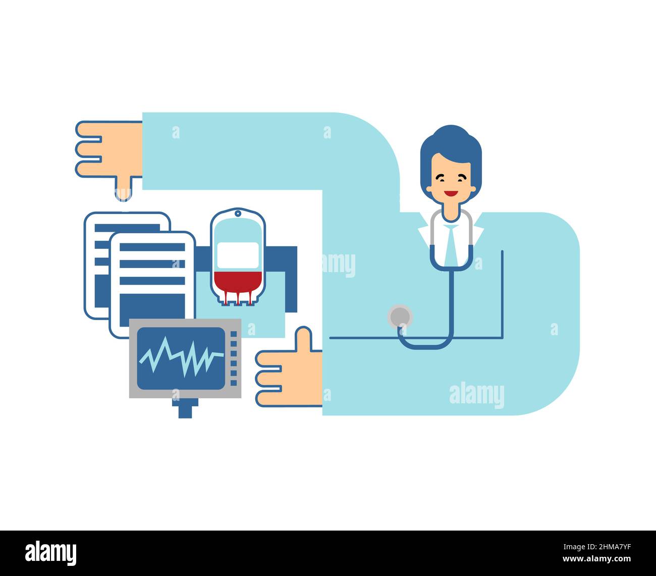 Medico e lavoro. Concetto di medicina. Anamnesi e fonendoscopio. Trasfusione di sangue e salute Illustrazione Vettoriale