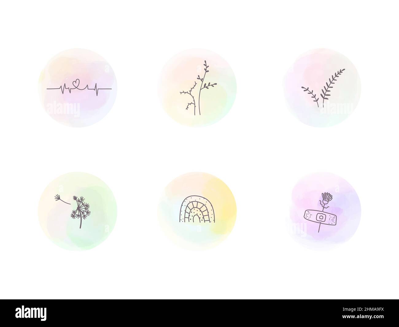 Set di colorazioni acquerello a mano con disegni lineari minimalisti. Il round vettoriale evidenzia le copertine di sfondo per le storie più popolari sui social media. Illustrazione Vettoriale