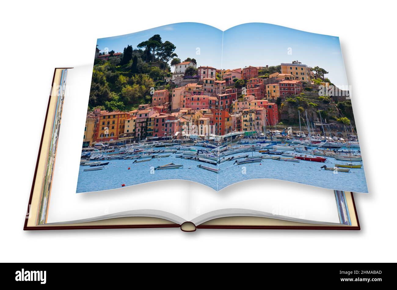 Bella vecchia città di Lerici nella regione Liguria (Italia) - 3D rendering concept immagine di un libro fotografico aperto isolato su bianco - sono il proprietario del copyright di t Foto Stock