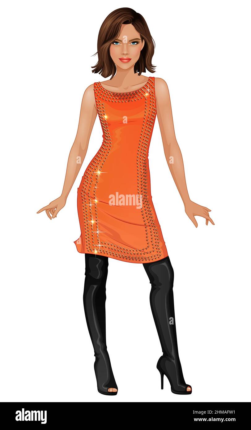 Giovane donna vettoriale in abito arancione e stivali neri con tacco alto sul ginocchio Illustrazione Vettoriale