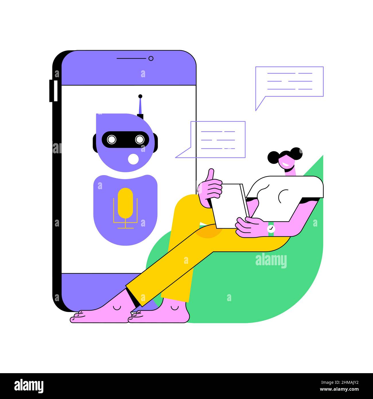 Chatbot virtual Assistant astratto concetto vettore illustrazione. internet, online smart robot, conversazione dispositivo, media dialogo, progetto di sistema, tecnologia, app web metafora astratta. Illustrazione Vettoriale