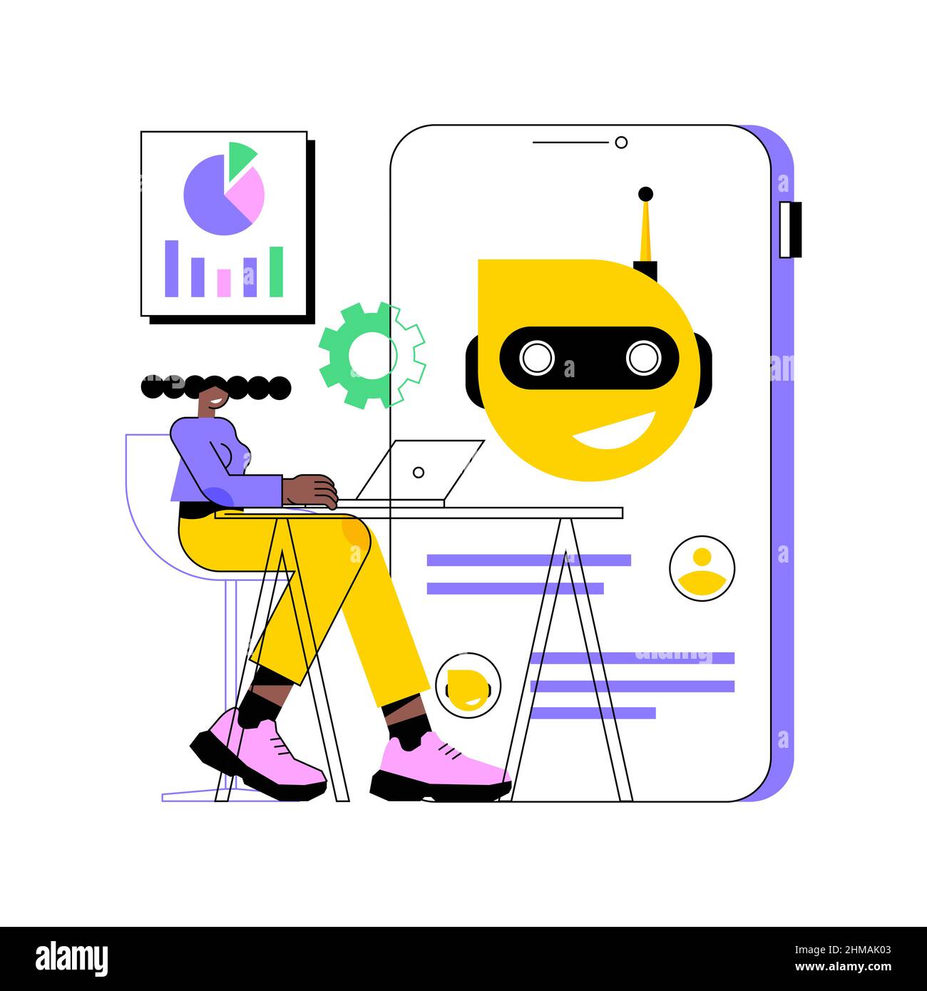 Illustrazione vettoriale del concetto astratto della piattaforma di sviluppo di chatbot. Piattaforma chatbot, sviluppo di assistenti virtuali, bot multipiattaforma, wireframe, metafora astratta della programmazione di applicazioni mobili. Illustrazione Vettoriale