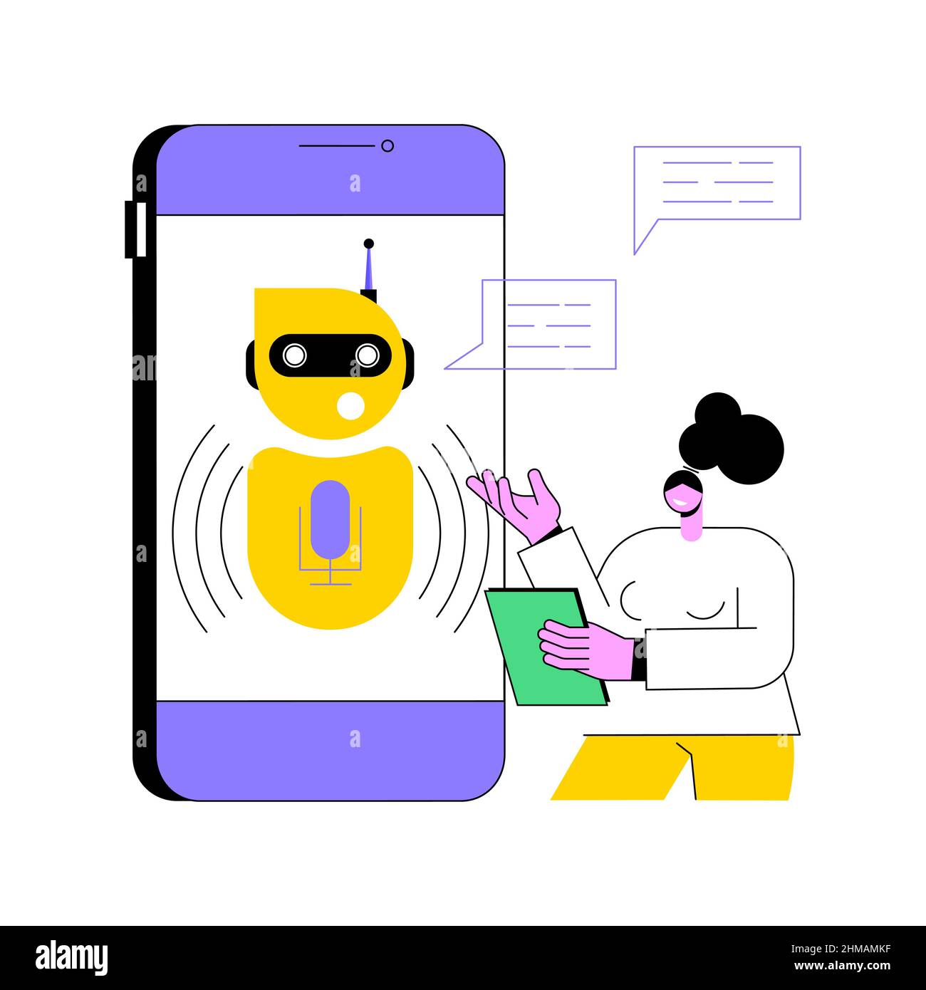 Chatbot Voice Controlled Virtual Assistant astratto concetto di illustrazione vettoriale. Assistente personale virtuale parlante, applicazione vocale smartphone, intelligenza artificiale, metafora astratta chatbot con controllo vocale. Illustrazione Vettoriale