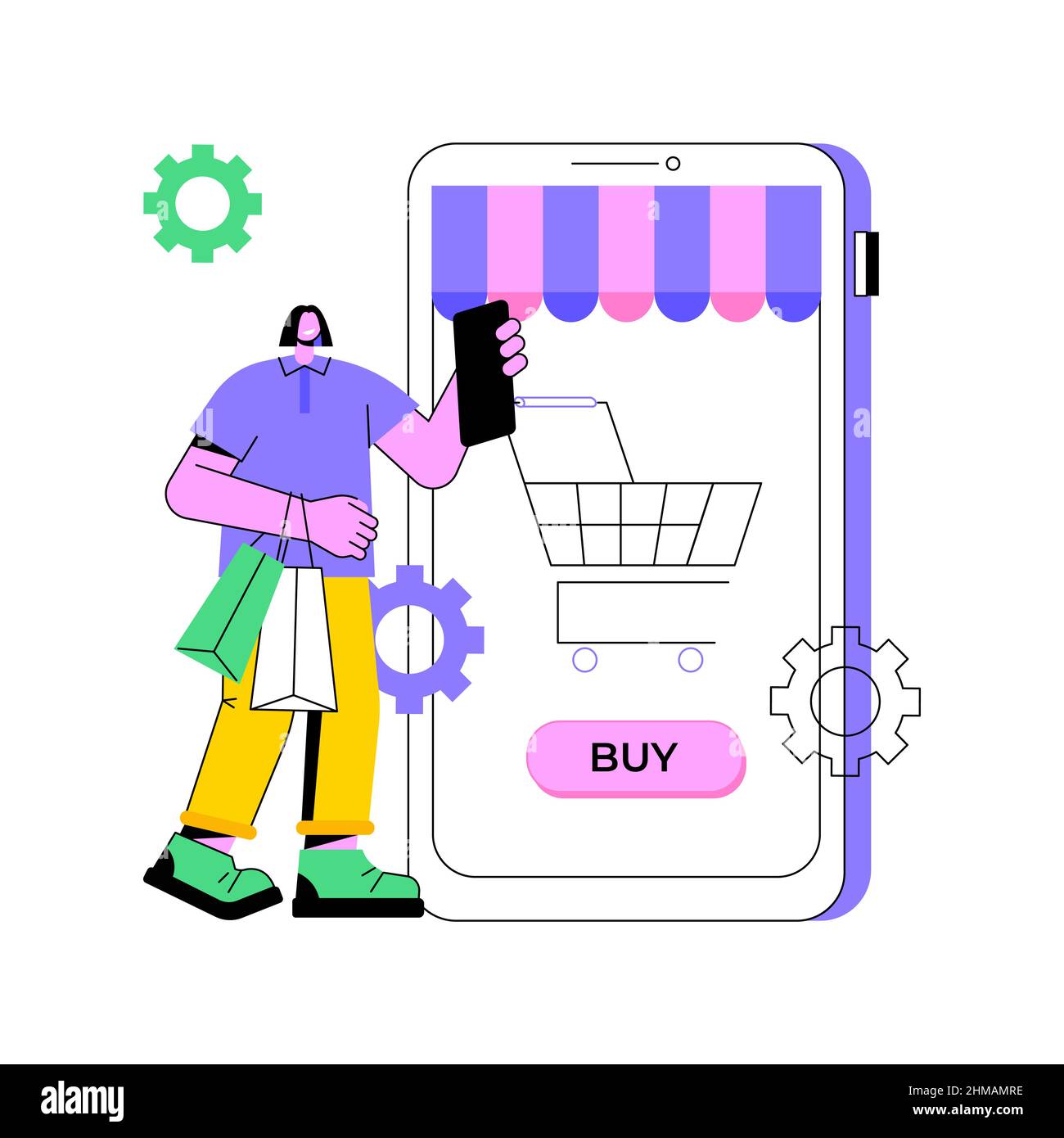 Illustrazione vettoriale del concetto astratto dell'applicazione eCommerce. Software commerciale, mercato delle applicazioni, app per piattaforma ecommerce, acquisto online, acquisti mobili, metafora astratta del pagamento in-app. Illustrazione Vettoriale