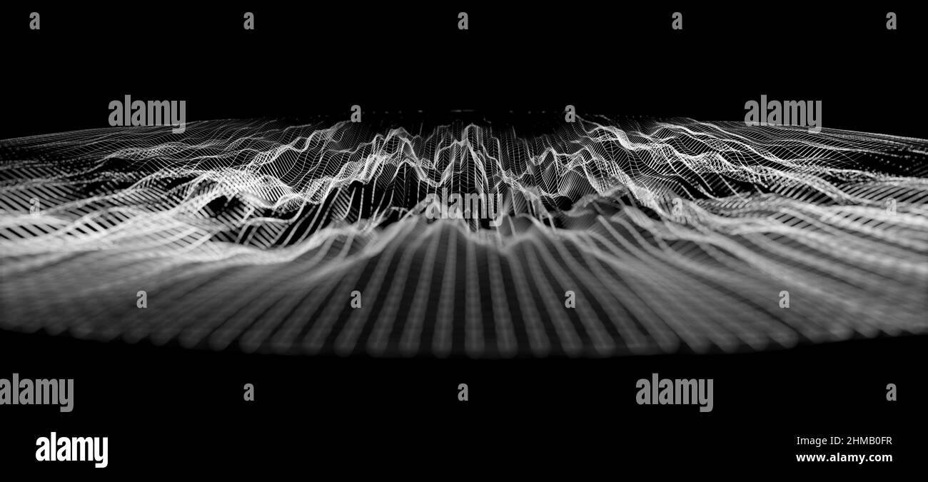 Forma d'onda a reticolo astratta su sfondo nero, visualizzazione delle onde sonore o concetto di equalizzatore acustico con effetto di messa a fuoco selettivo e spazio di copia Foto Stock