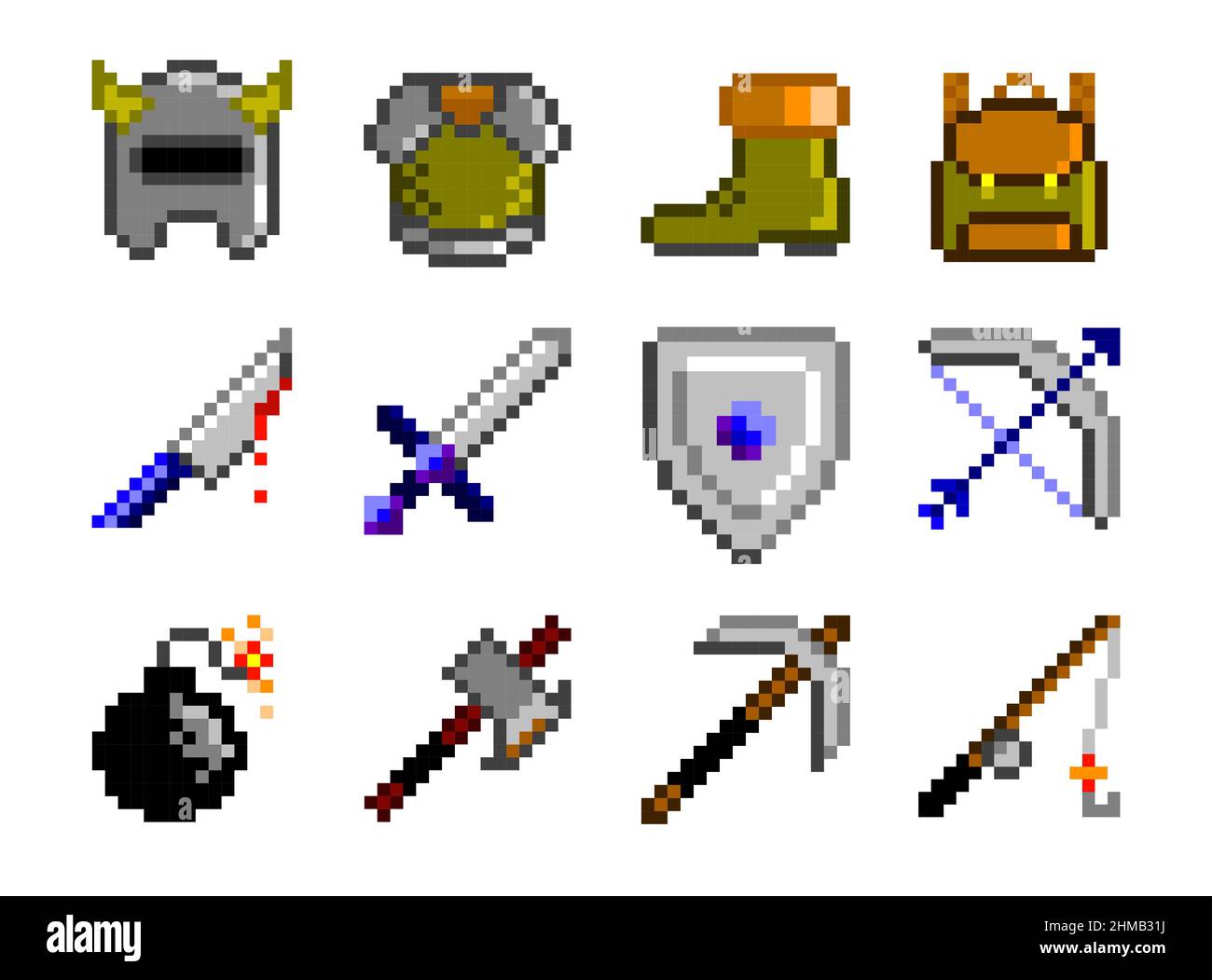 Armi, armature e strumenti pixel art set. Illustrazione vettoriale delle risorse di gioco, modificabile Illustrazione Vettoriale