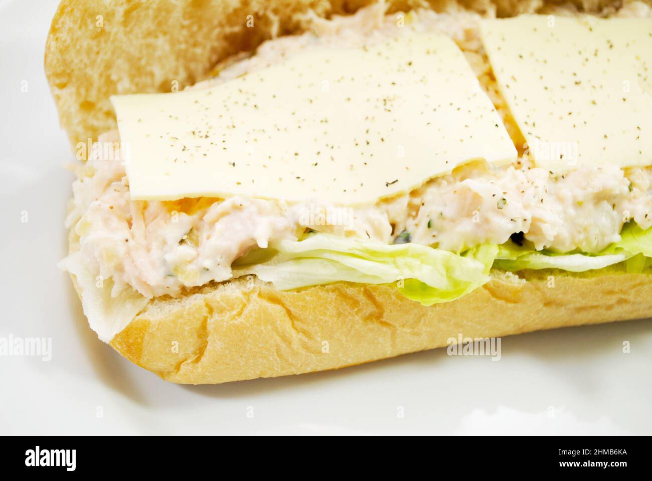 Sandwich Sub con insalata di pollo con formaggio americano e insalata di burg di ghiaccio Foto Stock