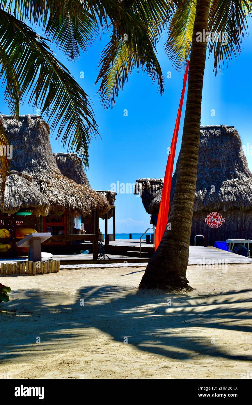 Un resort sulla spiaggia a tema Polinesiano a San Pedro, Belize. Le capanne in stile tahitiano in stile tiki fiaccano di un molo. Foto Stock