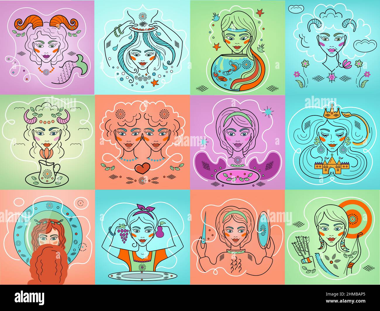 Set di 12 segni vintage quadrati di costellazioni zodiacali su sfondi colorati. Logo, tatuaggio ragazze o illustrazione. Previsione astrologica, horo femminile Foto Stock