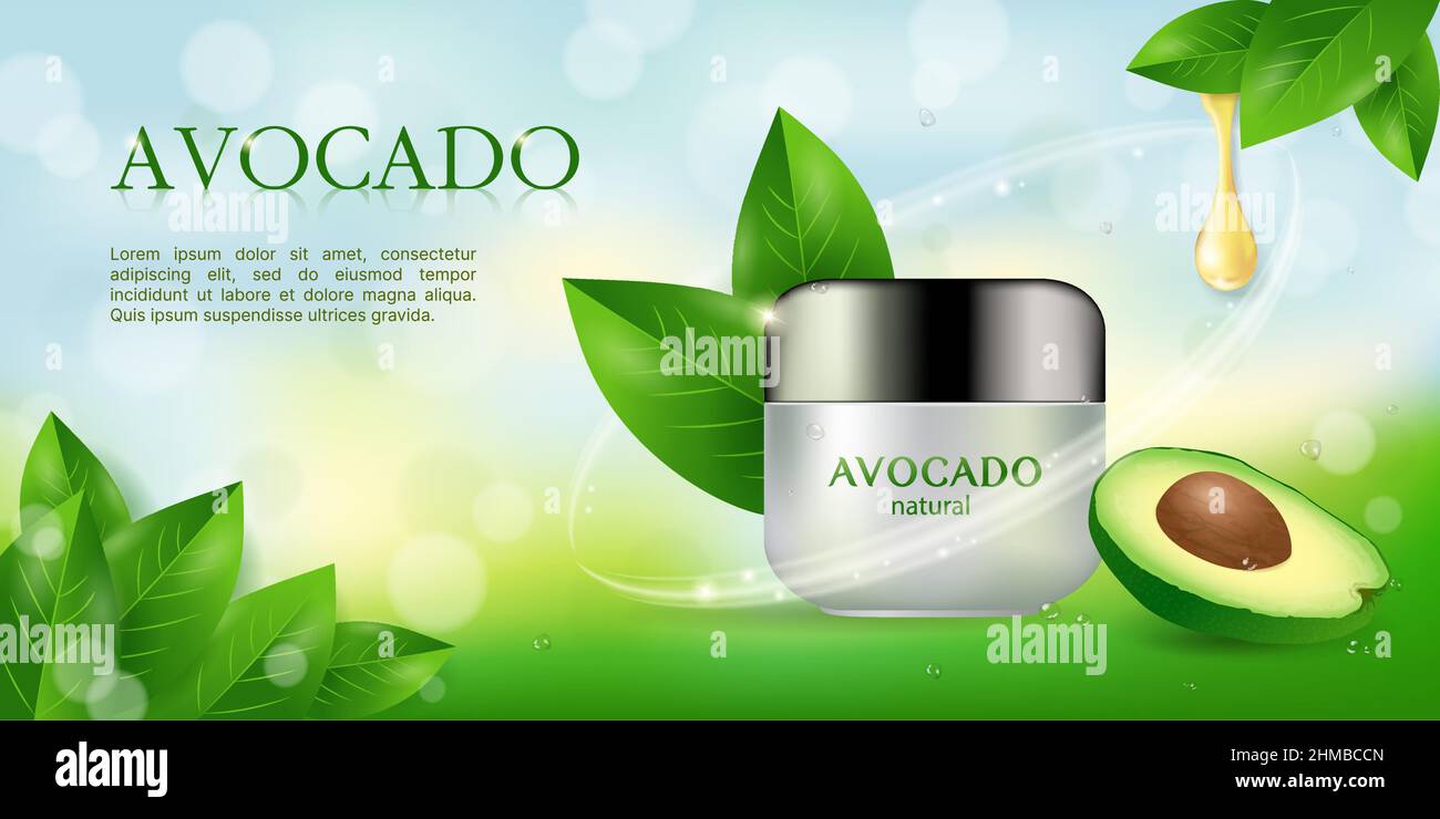 Banner di cosmetici avocado naturali, immagine vettoriale realistica primo piano Illustrazione Vettoriale