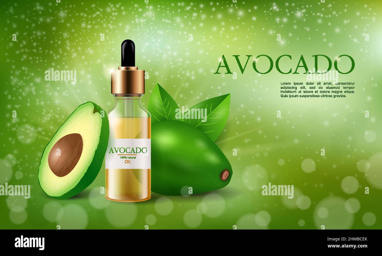 Banner di cosmetici avocado naturali, immagine vettoriale realistica primo piano Illustrazione Vettoriale