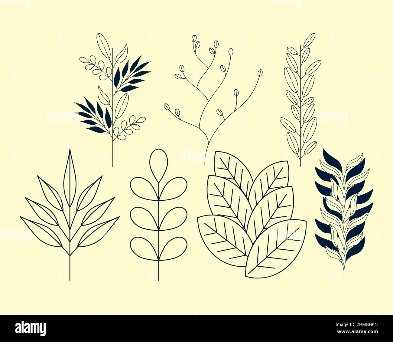 sette rami di alloro e fronde icone Illustrazione Vettoriale