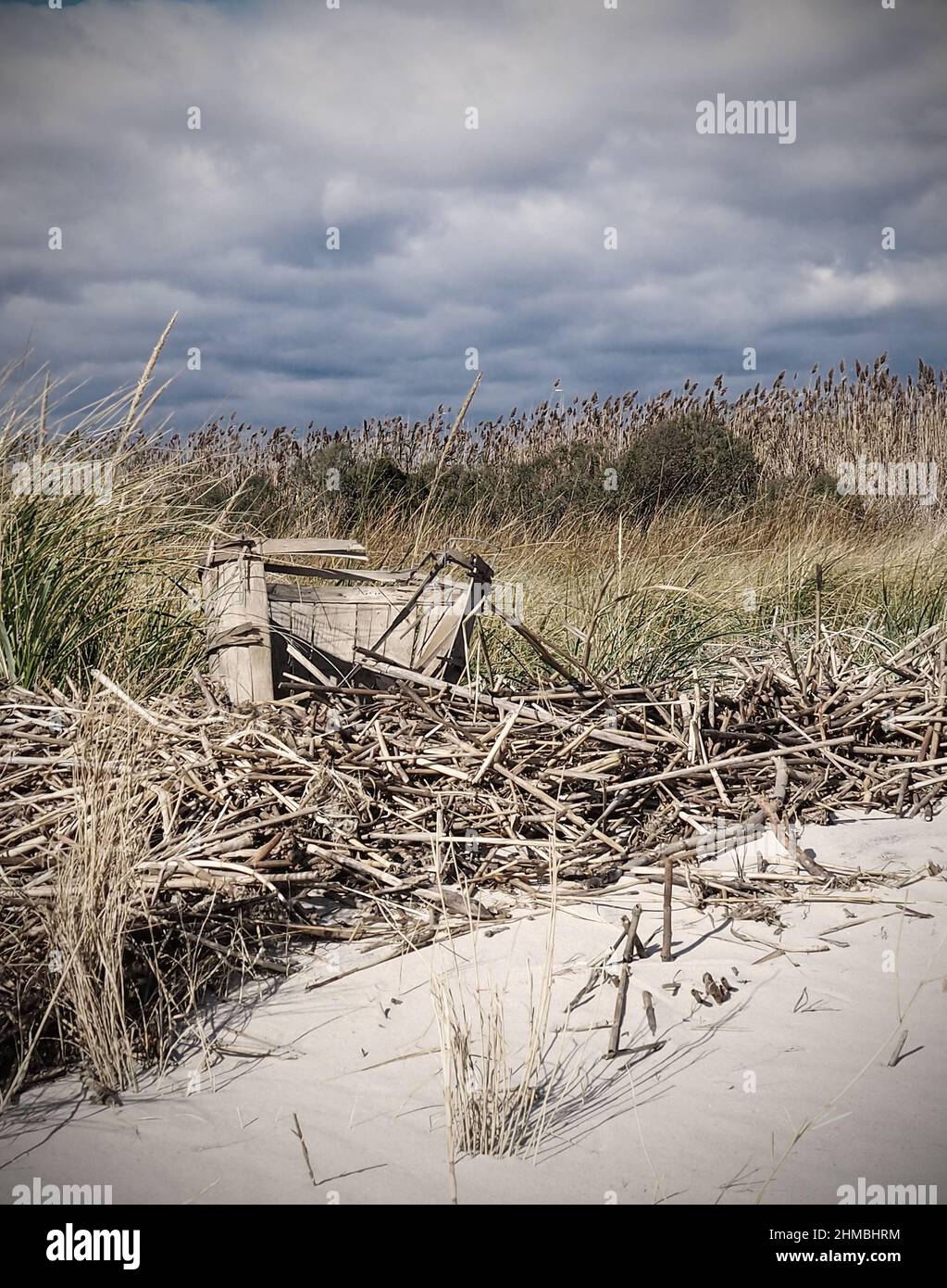 Composizione verticale con un vecchio cestino di granchi spezzati abbandonati e lavati in un mucchio di canne su una spiaggia vuota. Foto Stock