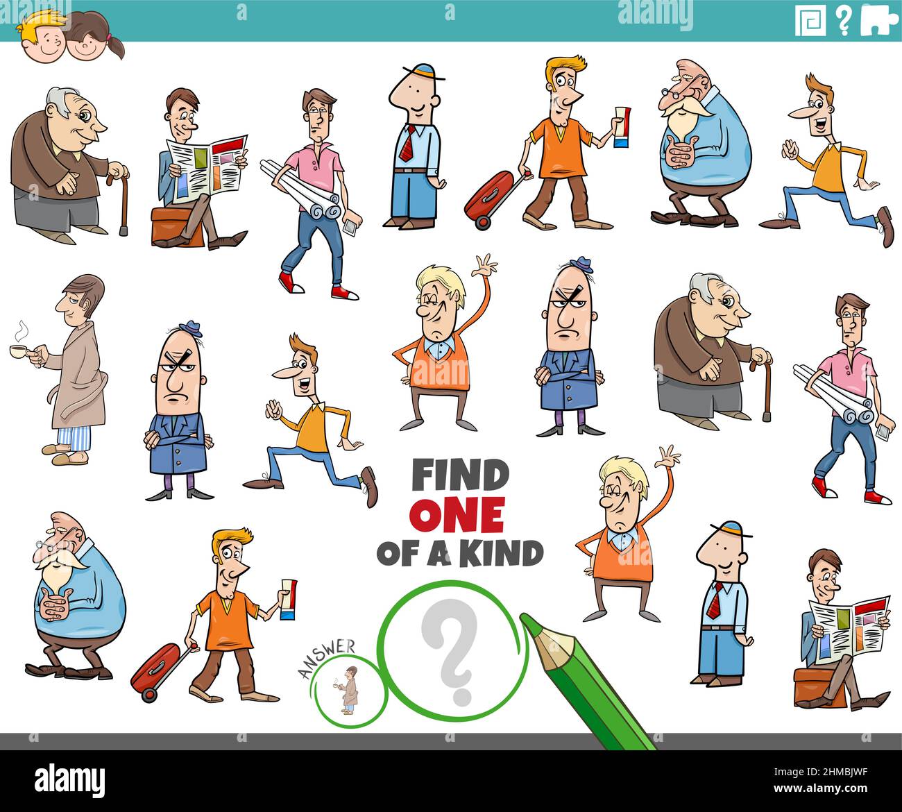 Illustrazione cartoon di trovare uno di un gioco educativo immagine con personaggi fumetti uomini Illustrazione Vettoriale