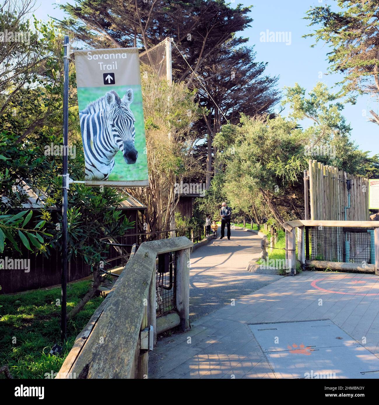 Cartello con un'immagine Zebra che indica la mostra del Savanna Trail allo zoo e ai giardini di San Francisco a San Francisco, California, USA. Foto Stock