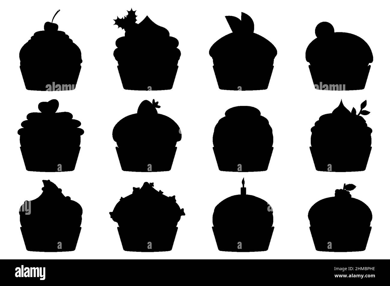 Silhouette dolce muffin collezioni decorate con ciliegia, mora e menta, candela, limone, biscotti, fragola. Cupcake con panna e cioccolato. Pasticcini cosparsi di gustose briciole.Vector Illustrazione Vettoriale