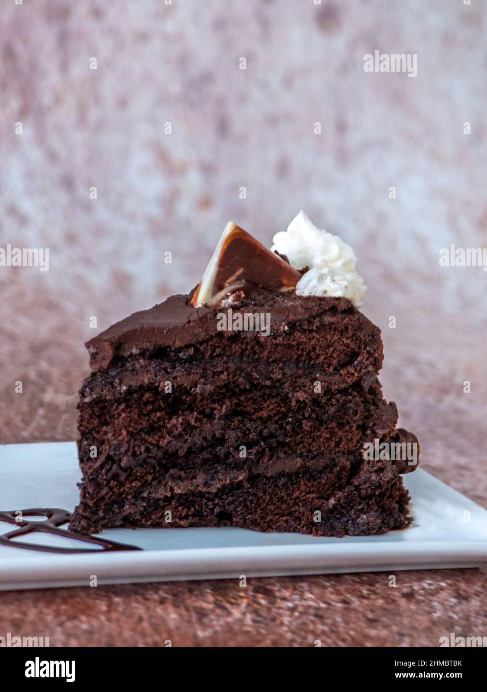 Bella fetta ricca e decedente di torta al cioccolato con una guarnitura al cioccolato Foto Stock