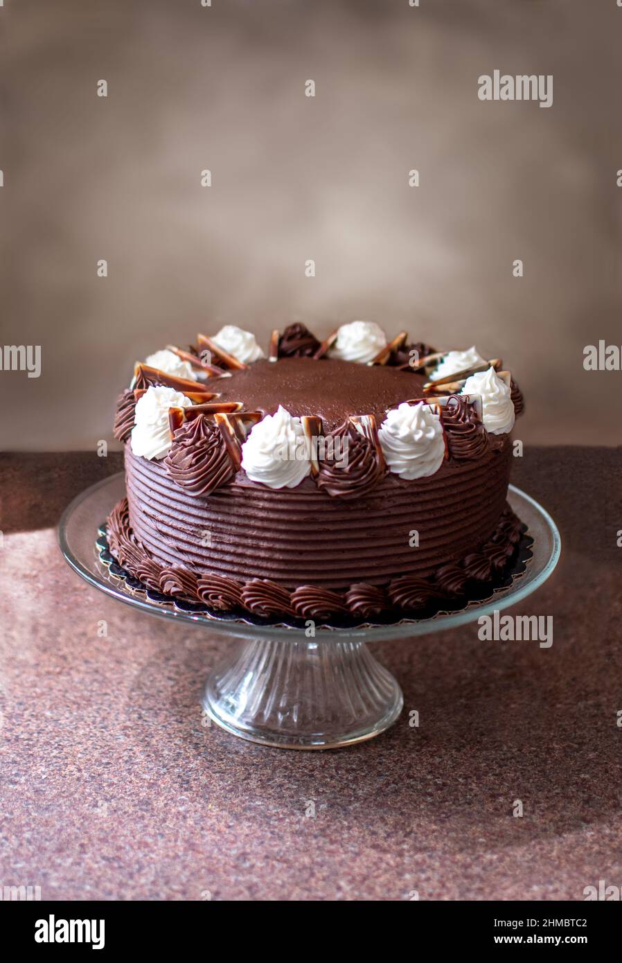 Questa deliziosa torta ha una torta al cioccolato profondo e un ripieno di fondente, ed è ben illuminata con glassa bianca e al cioccolato e triangoli di C bianco e scuro Foto Stock