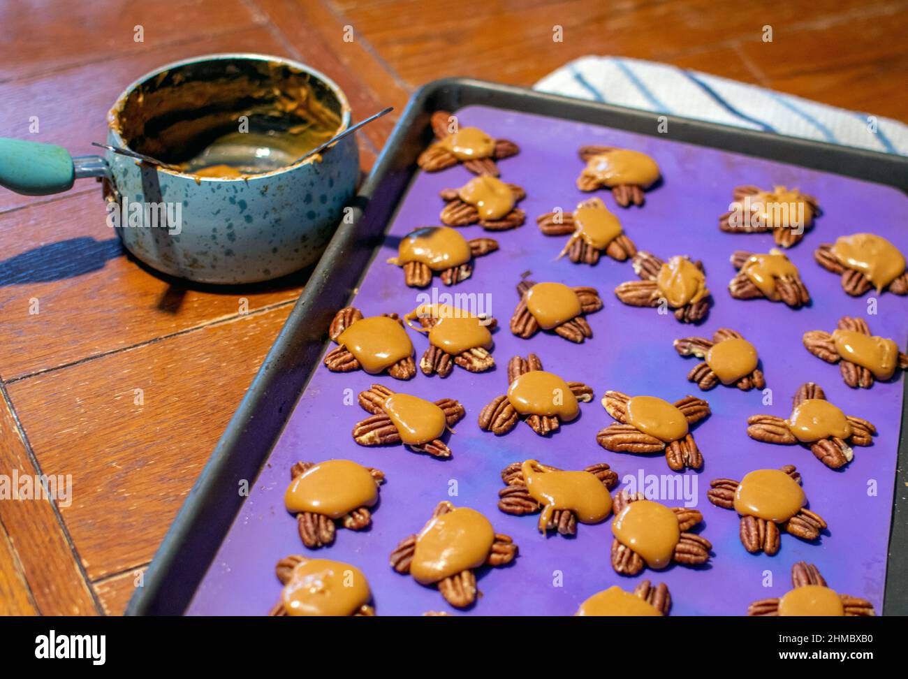 Una deliziosa caramella fatta con caramello e noci pecan e poi ricoperta di cioccolato, è chiamata una tartaruga, a causa della loro forma Foto Stock