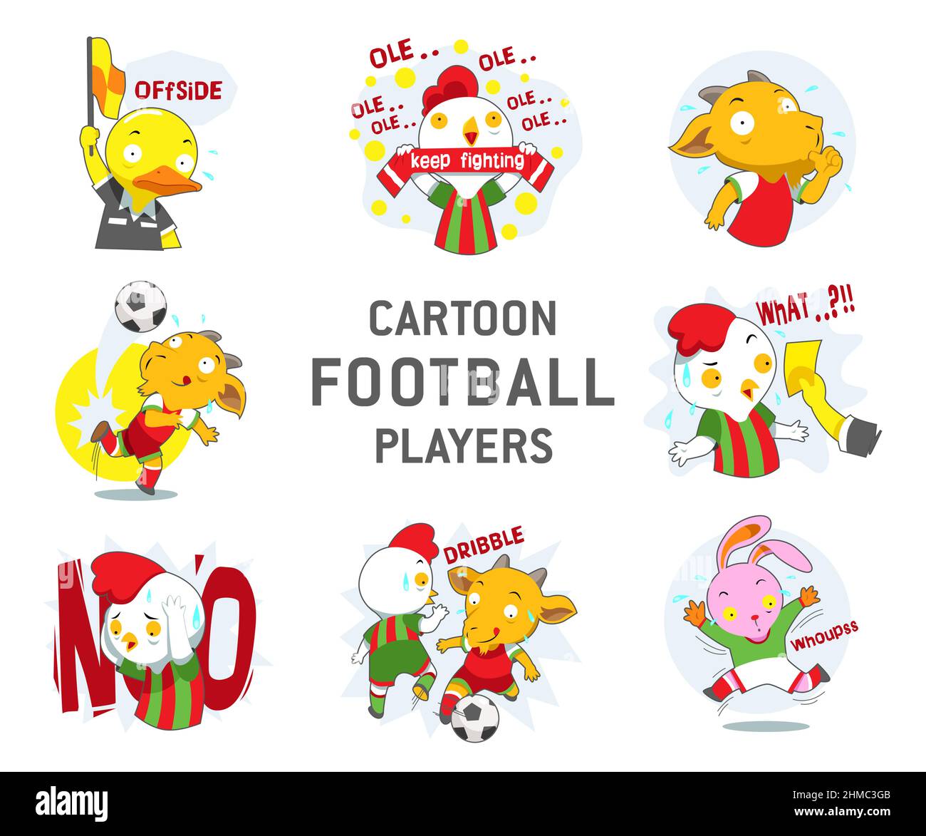 Il divertente vettore personaggio Cartoon Football Players è impostato per essere isolato su uno sfondo bianco. Ottimo adesivo per emoji Illustrazione Vettoriale
