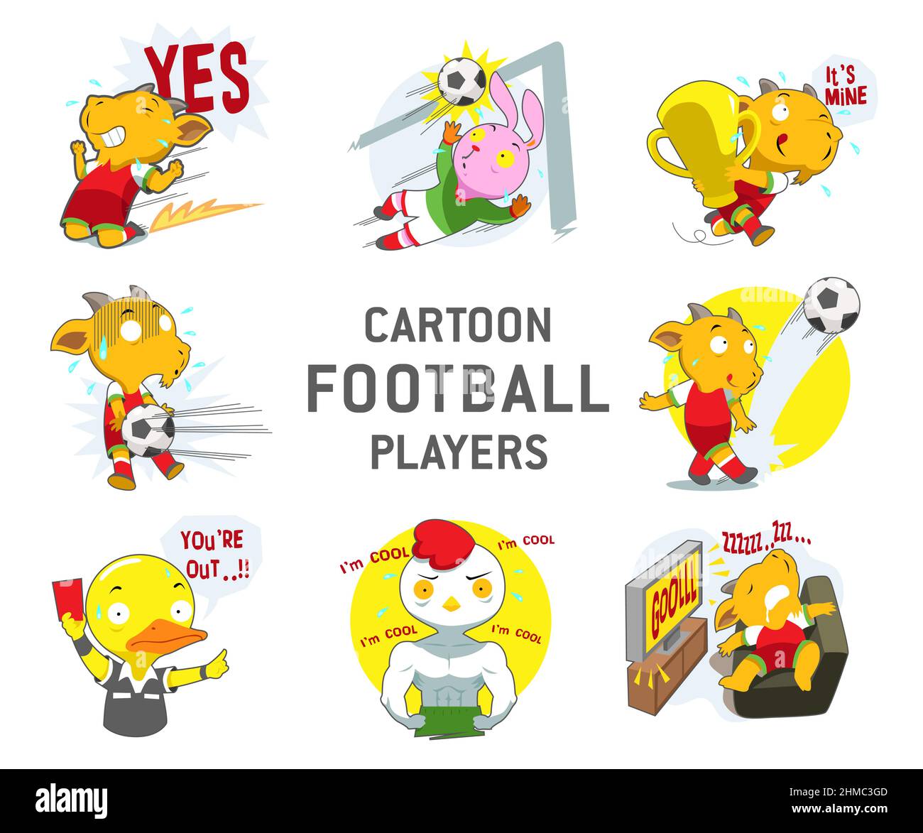 Il divertente vettore personaggio Cartoon Football Players è impostato per essere isolato su uno sfondo bianco. Ottimo adesivo per emoji Illustrazione Vettoriale