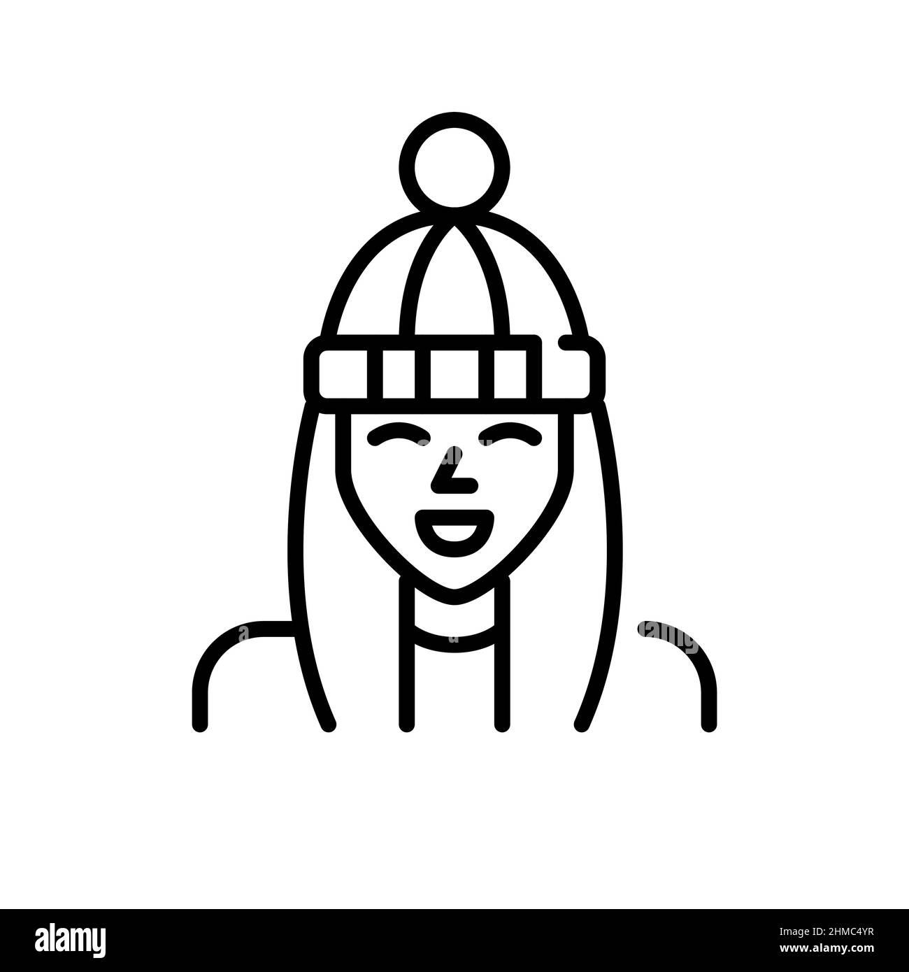 Ragazza sorridente in inverno cappello. Icona tratto modificabile pixel Perfect Illustrazione Vettoriale