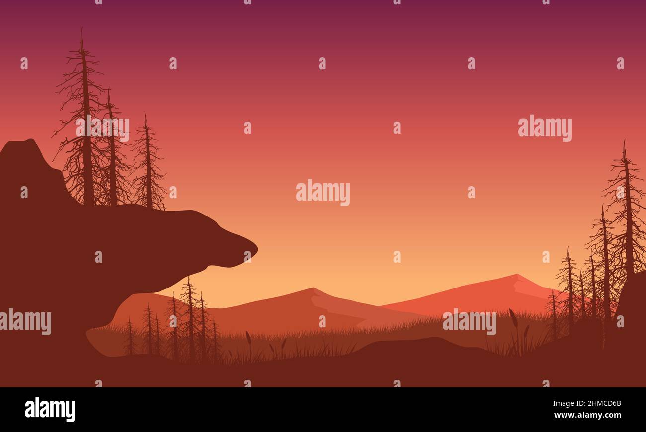 La vista straordinaria delle montagne con la foresta dal bordo della scogliera. Vector illustrazione di una città Illustrazione Vettoriale
