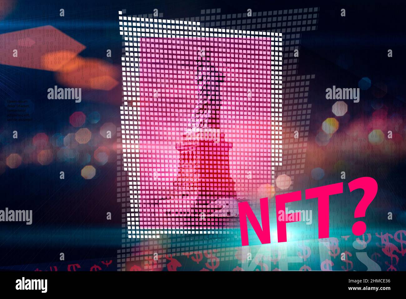 Token non fungibile (Token non-fungibile) - NFT - Digital Art Stored on Digital Ledger (Blockchain) - Illustrazione concettuale Foto Stock